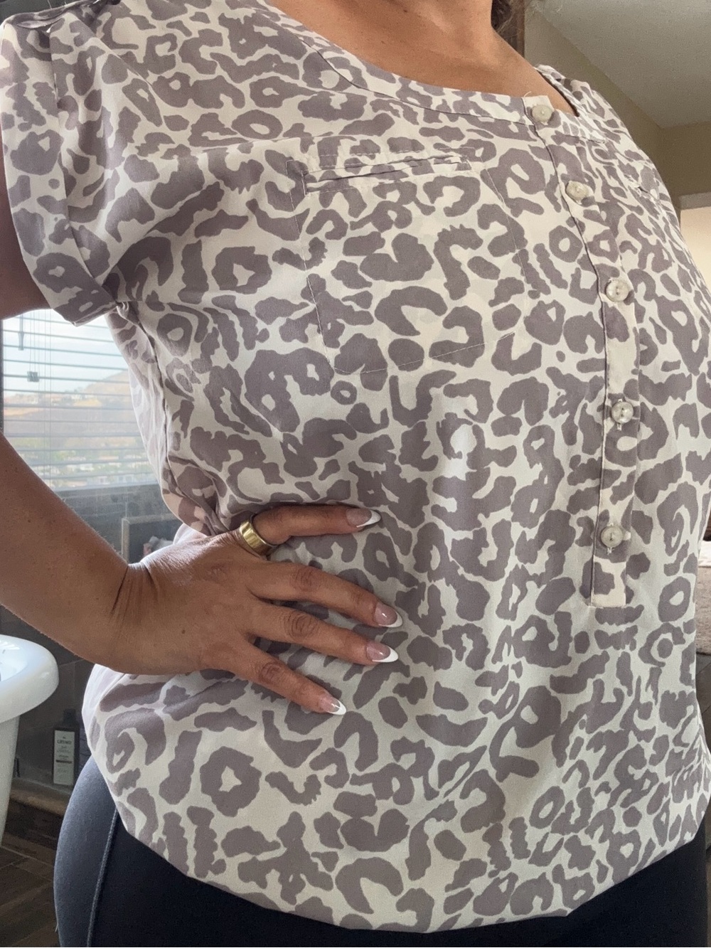 LOFT Taupe Leopard Print Short Sleeve Henley Blouse